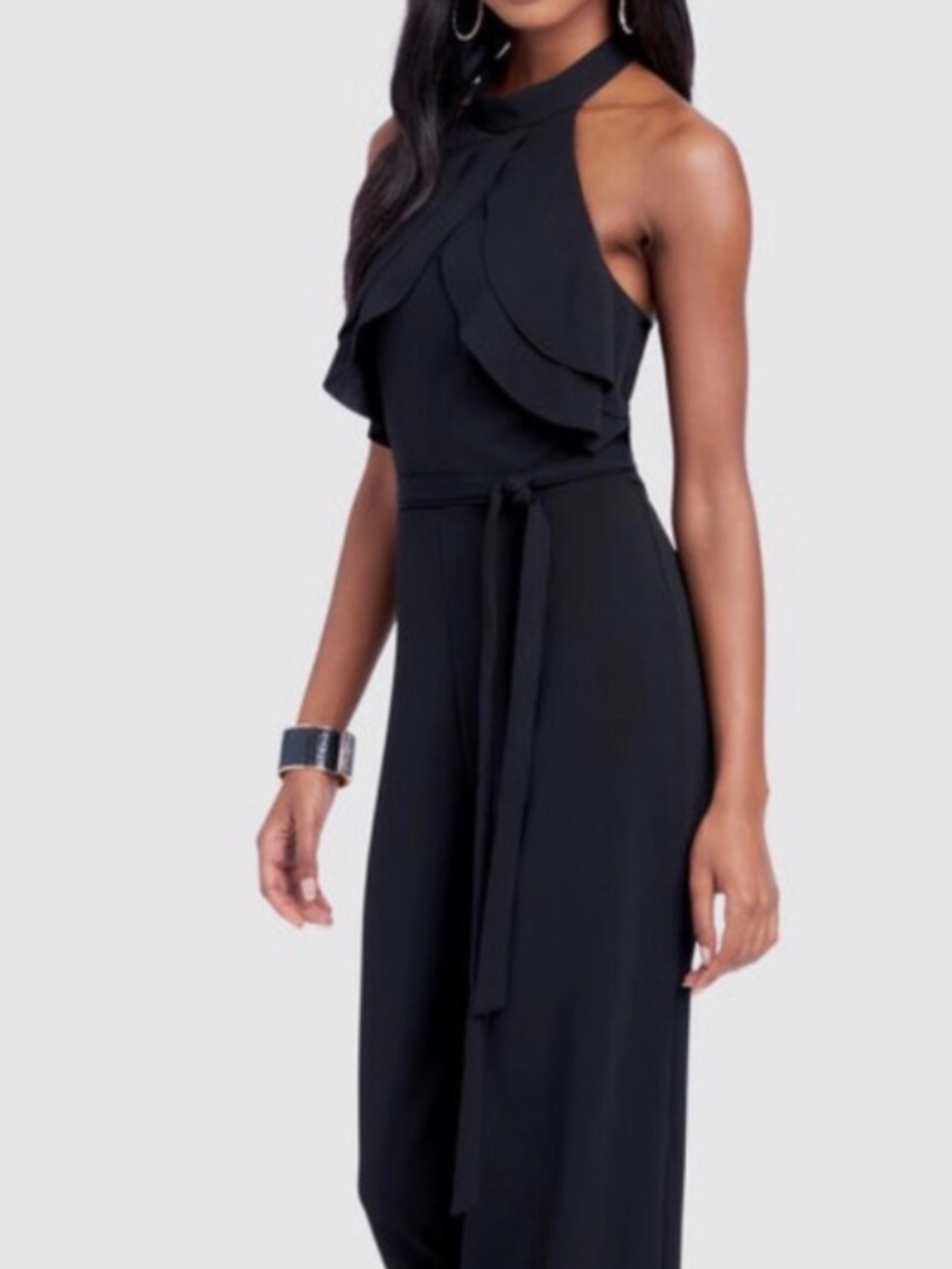 Bebe NWT Black Halter Ruffle Wide Leg Jumpsuit Size 4